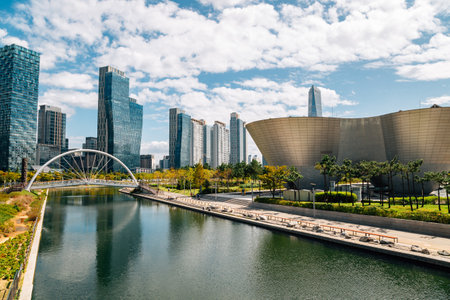 Incheon, Korea - September 25, 2020 : Songdo Central Park. modern city view with Tribowl and skyscrapersのeditorial素材
