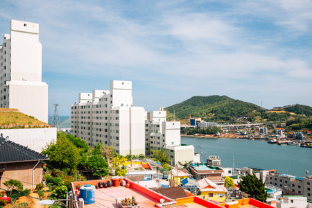Panoramic view of Goso-dong Mural Village and sea in Yeosu, Koreaのeditorial素材