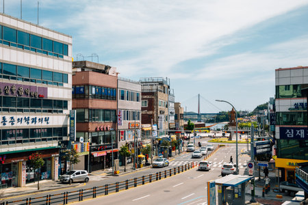 Yeosu, Korea - April 26, 2021 : Admiral Yi Sun-shin square and city streetのeditorial素材