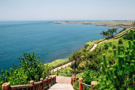 Songaksan Mountain trail with sea in Jeju Island, Koreaのeditorial素材