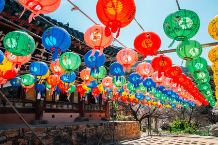 Gaesimsa Temple with Buddha's Birthday colorful lanterns in Seosan, Koreaのeditorial素材