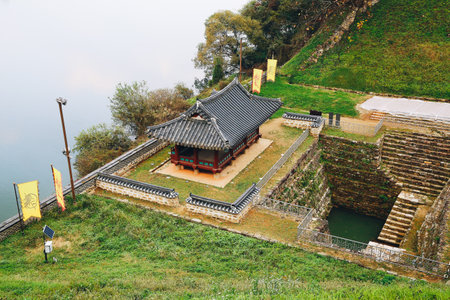 Gongsanseong fortress Manharu pavilion and pond in Gongju, Koreaのeditorial素材