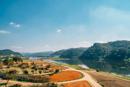 View of Geumgang river park Mir island and Gongsanseong fortress in Gongju, Koreaのeditorial素材