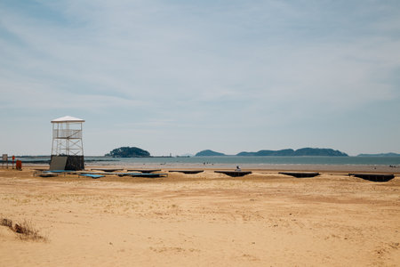 Cheongpodae beach and lifeguard tower in Taean, Koreaのeditorial素材