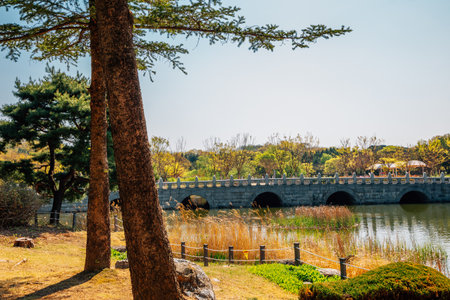 Pond and stone bridge with trees at The Independence Hall of Korea in Cheonan, Koreaのeditorial素材