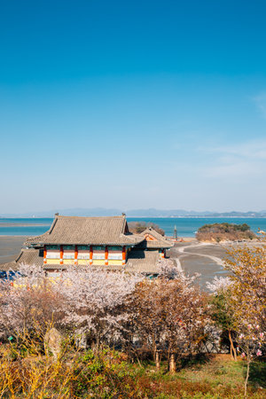 Panorama view of Anmyeonam temple and sea at spring in Anmyeondo Island, Taean, Koreaのeditorial素材