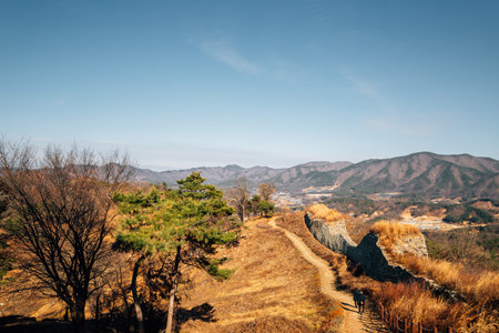 Panoramic view of Samnyeonsanseong Fortress winter mountain in Boeun, Koreaのeditorial素材