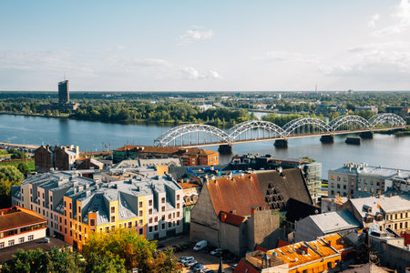 Panoramic view of Riga old town and Daugava river in Latviaのeditorial素材