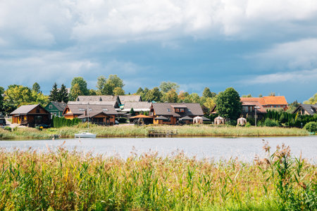 Galve lake and village in Trakai, Lithuaniaのeditorial素材