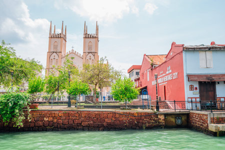 Church of St Francis Xavier and canal in Malacca, Malaysiaのeditorial素材