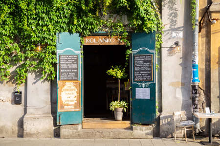 Krakow, Poland - June 15, 2019: Jozefa street old restaurant at Kazimierz district Jewish quarterのeditorial素材