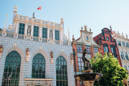 Artus Court and Neptune's Fountain at Dlugi Targ (Long Market) street in Gdansk, Poland