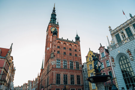 Town Hall and Neptune's Fountain at Dlugi Targ (Long Market) street in Gdansk, Polandのeditorial素材