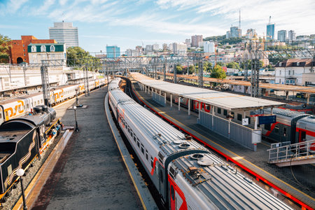 Vladivostok, Russia - September 16, 2018: Vladivostok railway station platform and city viewのeditorial素材