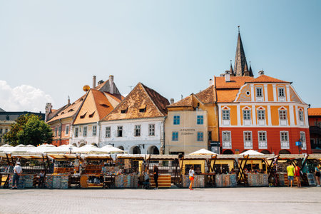 Sibiu, Romania - July 22, 2019: Medieval old town Small square souvenir marketのeditorial素材