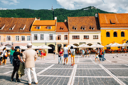 Brasov, Romania - July 24, 2019: Medieval old town Council Square