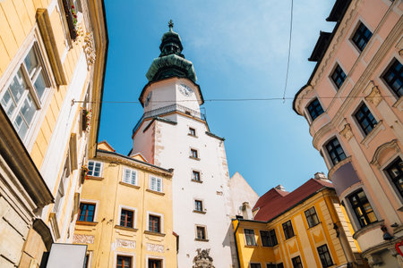 Michael Tower gate and old town medieval buildings in Bratislava, Slovakiaのeditorial素材