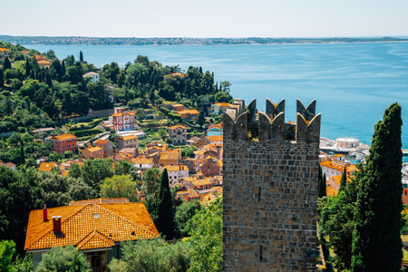 Panoramic view of Piran old town and Adriatic sea with City walls in Sloveniaのeditorial素材