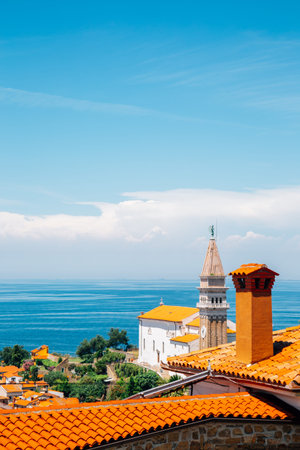 St. George's Parish Church and old town and Adriatic sea panorama view in Piran, Sloveniaのeditorial素材