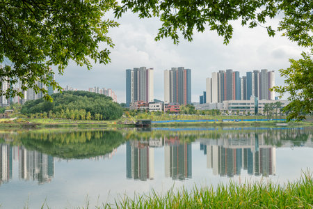 Hwaseong, Korea - September 12, 2022 : Dongtan New Town apartment buildings and Dongtan Lake Park