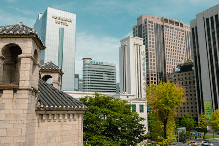 Seoul, Korea - September 20, 2022 : Seoul city hall square Sejong-daero street office and hotel buildingsのeditorial素材