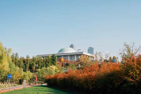 Seoul, Korea - November 5, 2021 : The National Assembly Building and Yeouido Hangang Park at autumnのeditorial素材