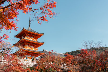 Kiyomizu-dera Temple and autumn maple in Kyoto, Japanのeditorial素材