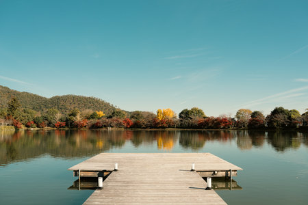 Osawa Pond autumn scenery in Kyoto, Japanの写真素材