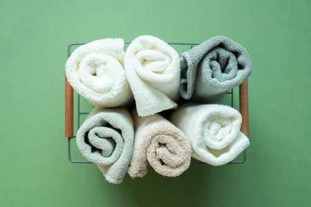 Bathroom shower towels in basket on green background. top viewの写真素材