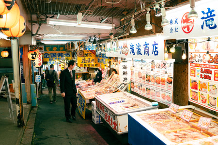 Otaru, Hokkaido, Japan - April 27, 2023 : Sankaku local seafood marketのeditorial素材