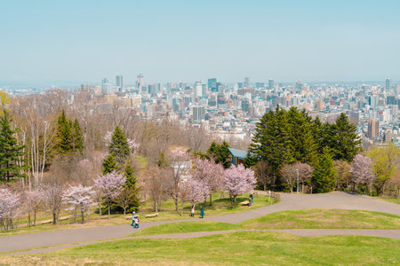 Panoramic view of Sapporo city and Asahiyama Memorial Park at spring in Sapporo, Hokkaido, Japanのeditorial素材