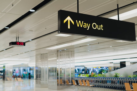 Inside of Airport. exit(way out) signのeditorial素材
