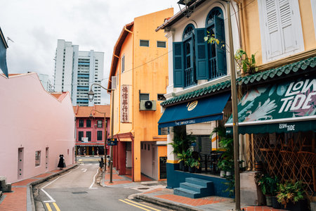 Singapore - October 23, 2022 : Chinatown district Ann Siang Hill street colorful buildingsのeditorial素材