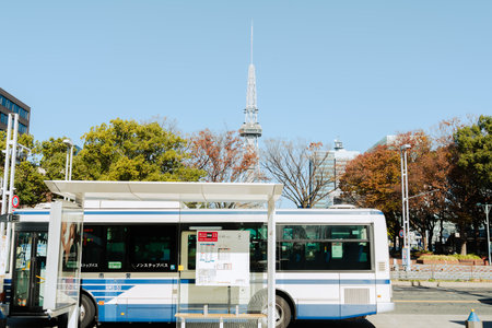 Nagoya, Japan â December 3, 2022 : Nagoya TV Tower and Hisaya Odori Park bus stopのeditorial素材