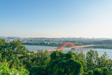 Panoramic view of Seoul city and Han river, Banghwadaegyo Bridge from Haengjusanseong Fortress in Goyang, Koreaのeditorial素材