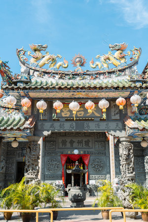 Penang, Malaysia - July 6, 2023 : Georgetown street Hainan Thean Hou Temple