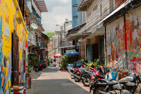 Bangkok, Thailand - July 1, 2023 : Talat Noi alley art mural wall