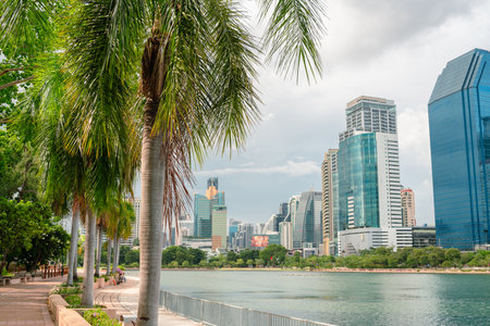 Bangkok, Thailand - July 1, 2023: Benchakitti Forest Park and Sukhumvit skyscraperのeditorial素材