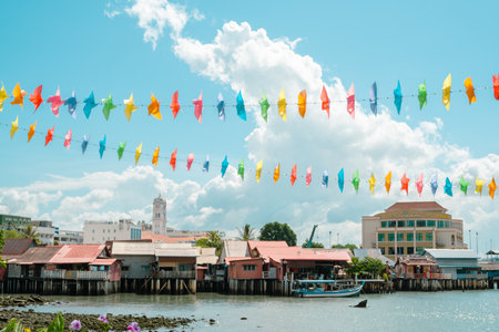 Floating house and seascape from Chew Jetty in Georgetown, Penang island, Malaysiaのeditorial素材