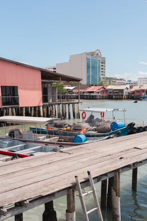 Chew Jetty floating house and boat in Georgetown, Penang island, Malaysiaのeditorial素材