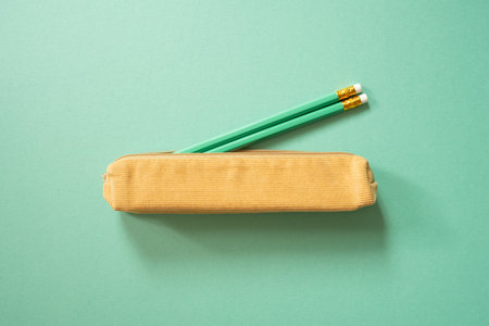 Brown fabric pencil case with writing supply isolated on green background. top viewの写真素材