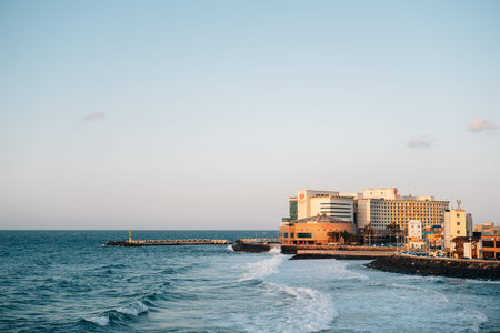 Jeju island, Korea - March 2, 2023 : Seaside road with resort hotel