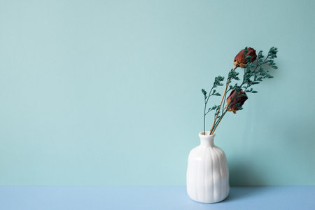 White vase of dry rose flower on blue table. mint green backgroundの写真素材