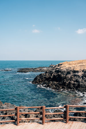 Dakmeor coastal road olle trail winter seascape in Jeju island, Koreaのeditorial素材