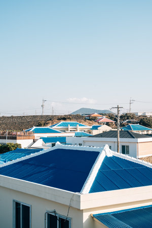 Byeolbangjin Fortress Hado-ri village houses in Jeju Island, Koreaのeditorial素材