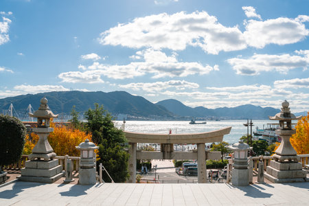 Yamaguchi, Japan - December 2, 2023 : View of Shimonoseki Kanmon Straits and Kameyama Hachimangu Shrine Torii gateのeditorial素材