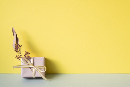 Purple gift box with dry flower on gray table. yellow wall backgroundの写真素材