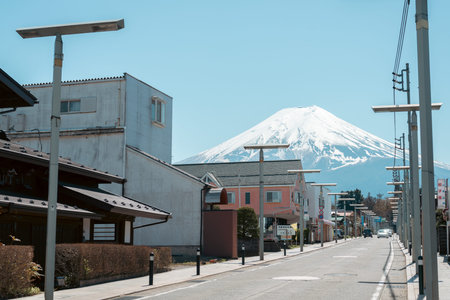 Yamanashi, Japan - April 9, 2023: Shimoyoshida village and Fuji Mountainのeditorial素材