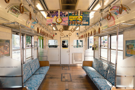 Yamanashi, Japan - April 9, 2023: Inside of Japanese train at Kawaguchiko railway stationのeditorial素材