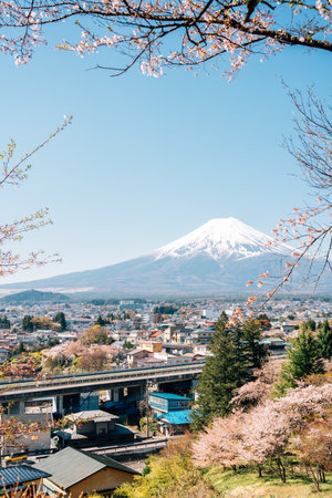Arakurayama Sengen Park and Fuji Mountain, Shimoyoshida city view with cherry blossoms in Yamanashi, Japanのeditorial素材